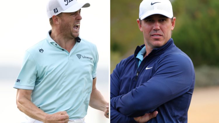 Brooks Koepka looks on during The Showdown in 2024, Justin Thomas celebrates winning the 2025 RBC Heritage