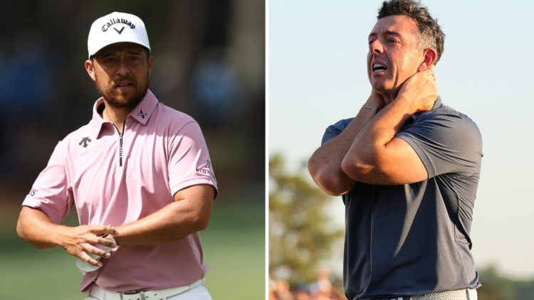 Split image of Xander Schauffele playing at the 2025 RBC Heritage and Rory McIlroy celebrating winning The Masters in 2025