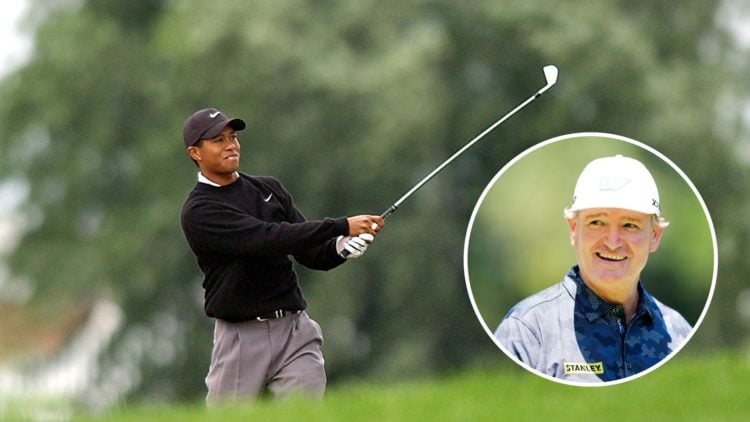 Tiger Woods hits a shot at the 2002 PGA Championship, inset of Ernie Els playing the 2024 Regions Tradition