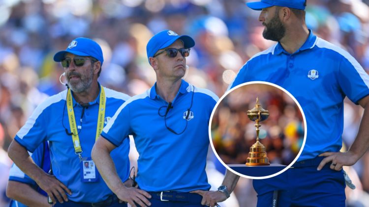 An image of Luke Donald, Jon Rahm and Jose Olazábal at the 2023 Ryder Cup, inset of the Ryder Cup trophy
