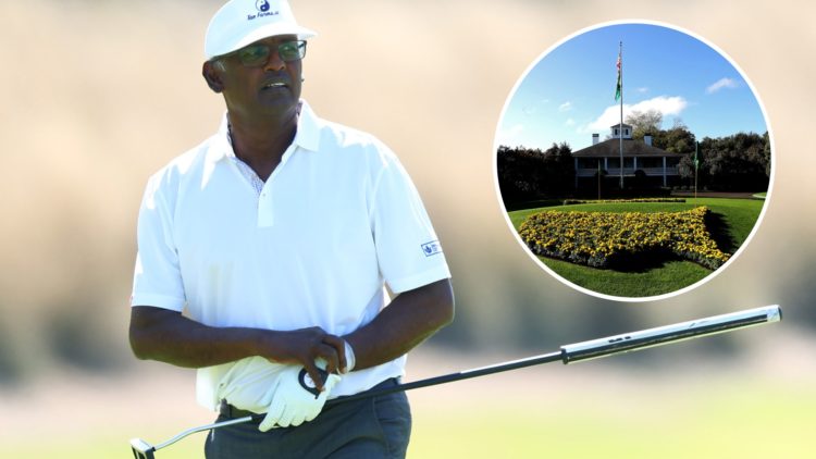 Vijay Singh plays at the Hoag Classic 2025, inset a general view of the clubhouse at Augusta National in 2020
