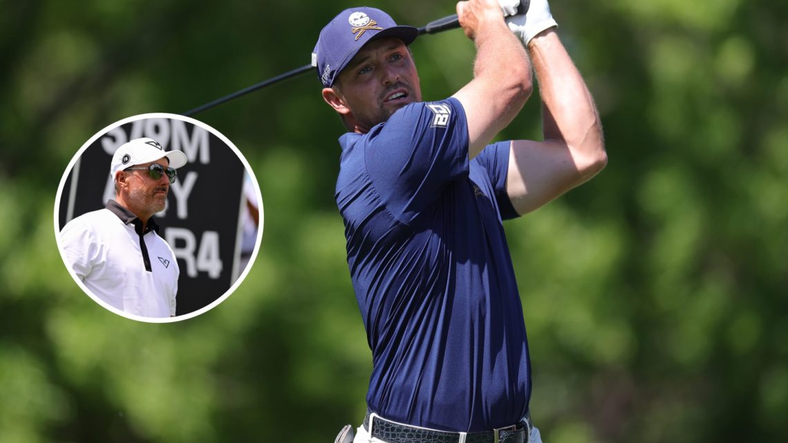 Bryson DeChambeau hitting a tee shot in practice, inset of Phil Mickelson at LIV Miami
