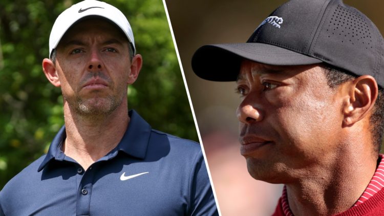 A split image of Rory McIlroy playing the Zurich Classic and Tiger Woods playing golf in 2024
