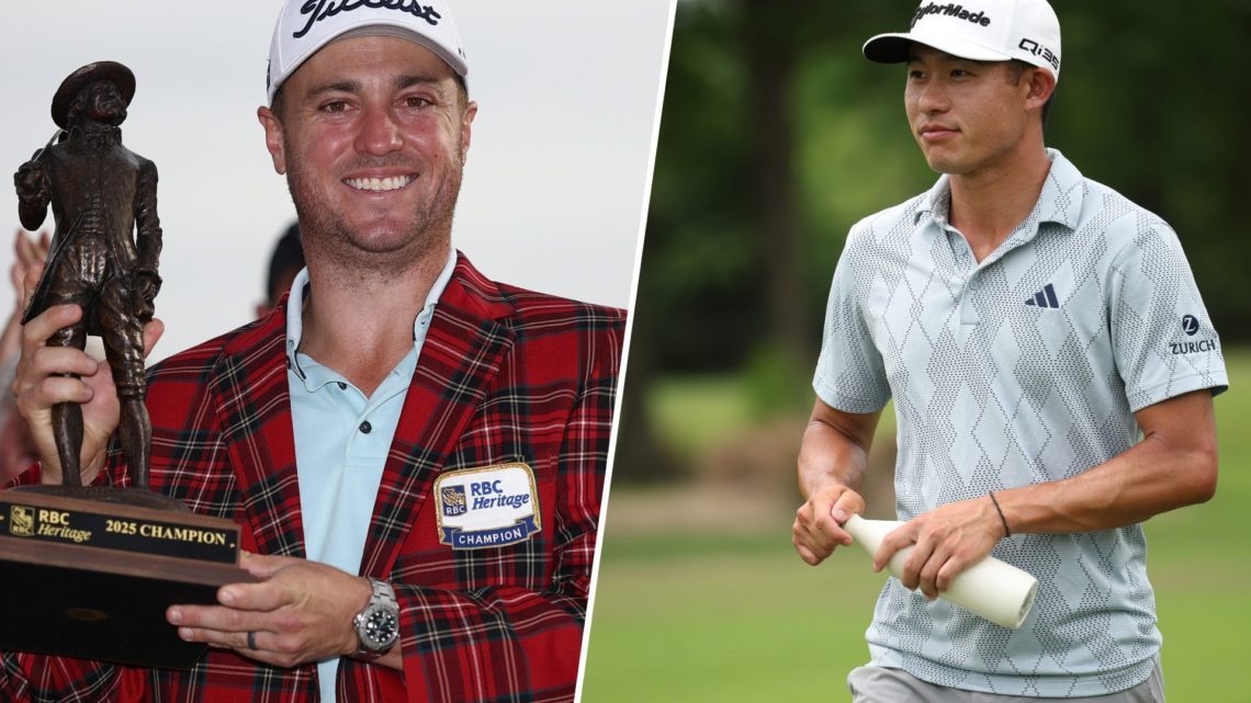 Split image of Justin Thomas holding the RBC Heritage trophy in 2025 and Collin Morikawa playing in The Zurich Classic