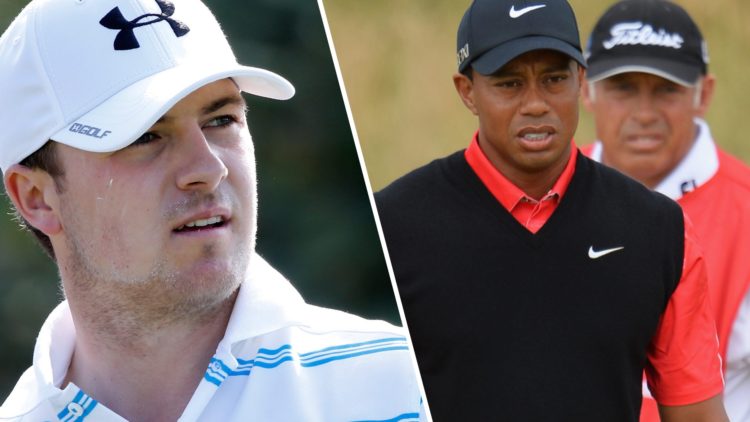 A split image of Jordan Spieth in 2013 and Tiger Woods at the 2013 Open