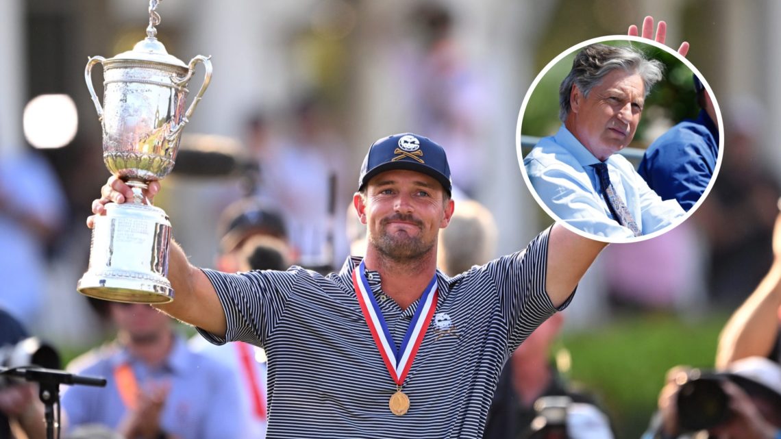 Bryson DeChambeau celebrates with the US Open trophy in 2024, Inset Brandel Chamblee in the commentary box