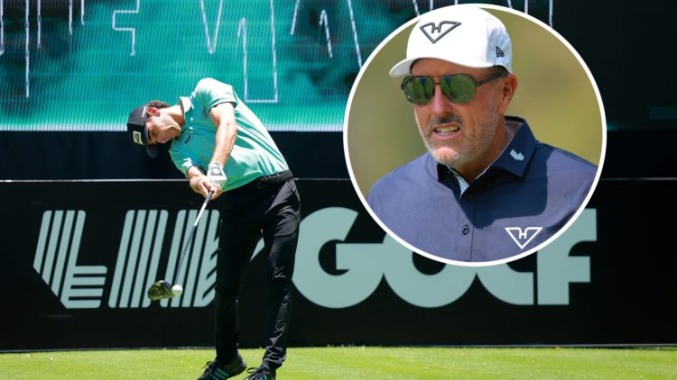 An image of Joaquin Niemann hitting a tee shot at LIV Mexico and inset of Phil Mickelson at LIV Mexico