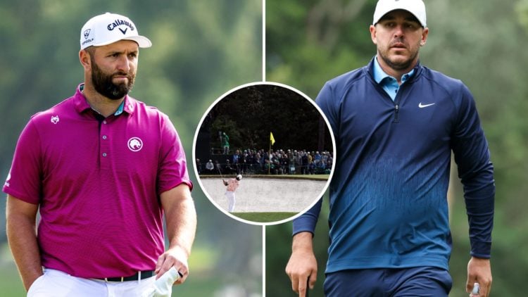 Split image of Jon Rahm (L) and Brooks Koepka (R) playing at LIV Golf Hong Kong in 2025, inset Joaquin Niemann plays at The Masters in 2023