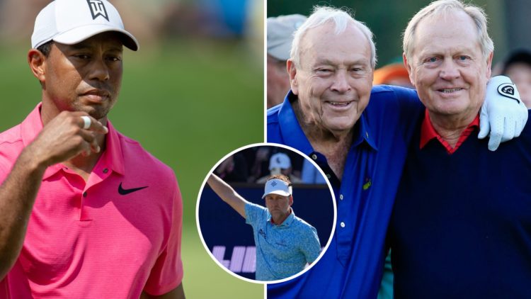 Split image of Tiger Woods (L) at the 2018 Memorial Tournament and Arnold Palmer and Jack Nicklaus (R) at the 2015 Masters, inset Ian Poulter at 20...