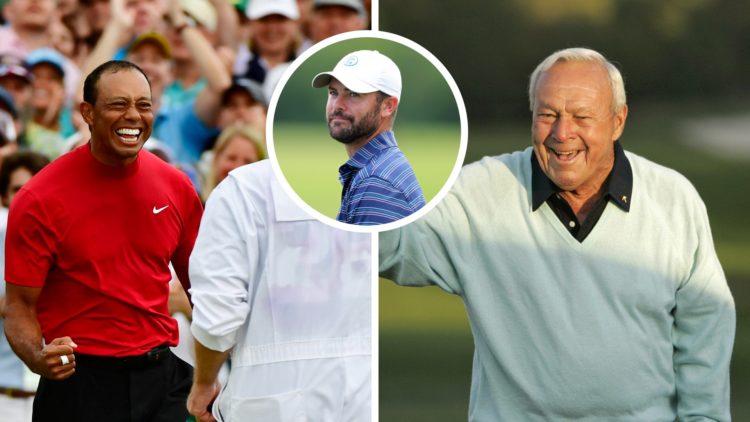 Split image of Tiger Woods celebrating winning the 2019 Masters and Arnold Palmer at the 2007 Masters, Inset of Wesley Bryan in 2025