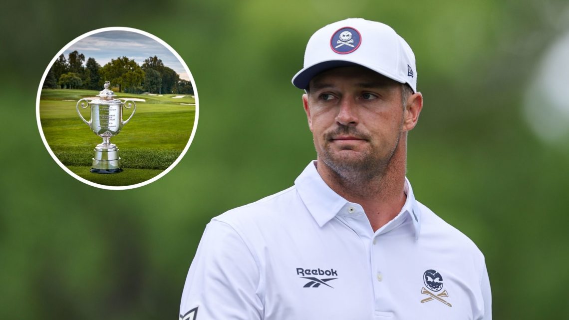 Main image of Bryson DeChambeau on the fifth tee during the third round of the 2025 Masters Tournament at Augusta National Golf Club. Inset of The ...
