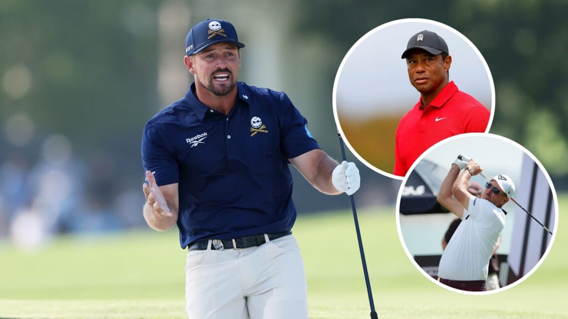 Bryson DeChambeau during the final round of the PGA Championship / Phil Mickelson in action during LIV Golf Singapore - Day One / Tiger Woods durin...