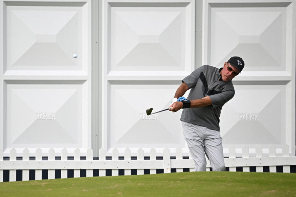 Phil Mickelson chipping at the Open at Royal Hoylake in 2023