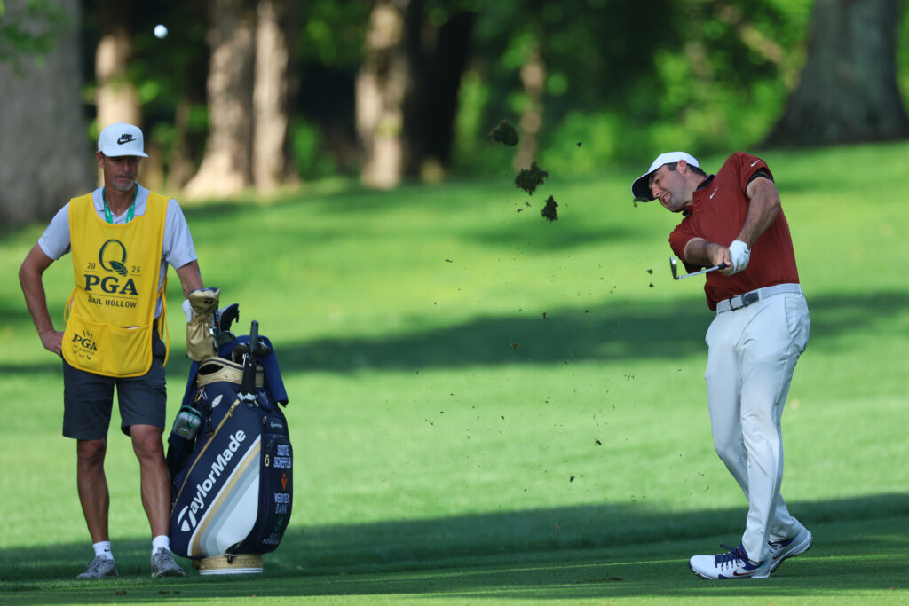 Scottie Scheffler hits a shot in round one at the PGA Championship