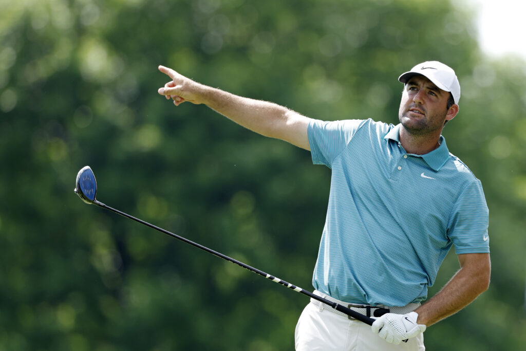 Scottie Scheffler shouts fore after hitting a shot at the PGA Championship