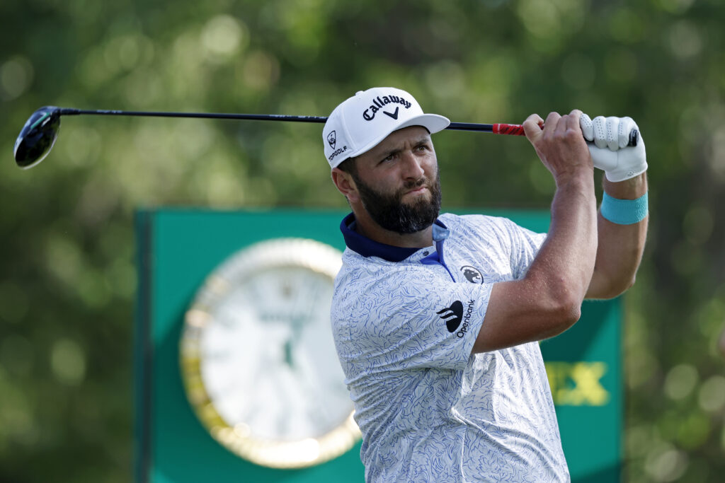 Jon Rahm hits a tee shot at the 2025 PGA Championship