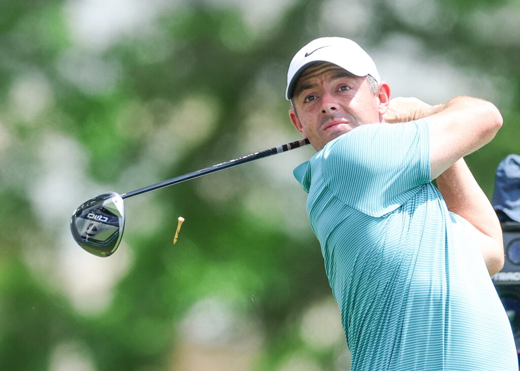 Rory McIlroy tees off during a practice round at Quail Hollow ahead of the 2025 PGA Championship