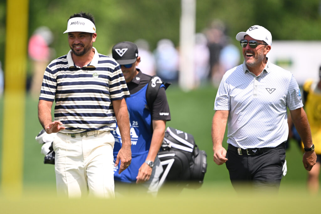 Jason Day walks with Phil Mickelson on day one of the PGA Championship 2025 at Quail Hollow