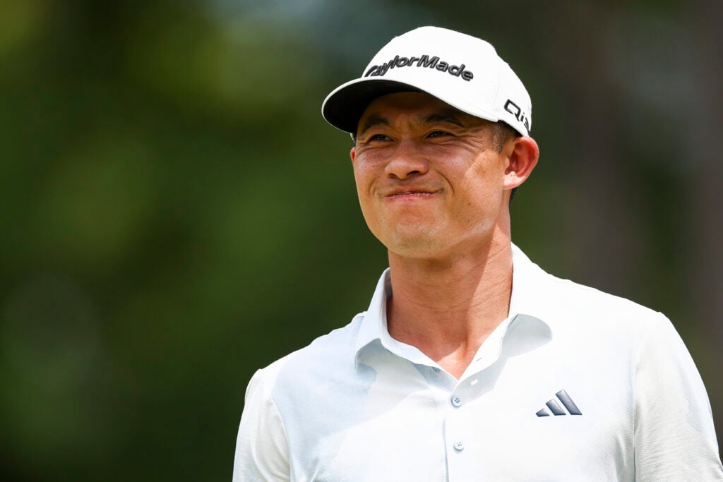 Collin Morikawa looks bemused during the first round of the 2025 PGA Championship at Quail Hollow