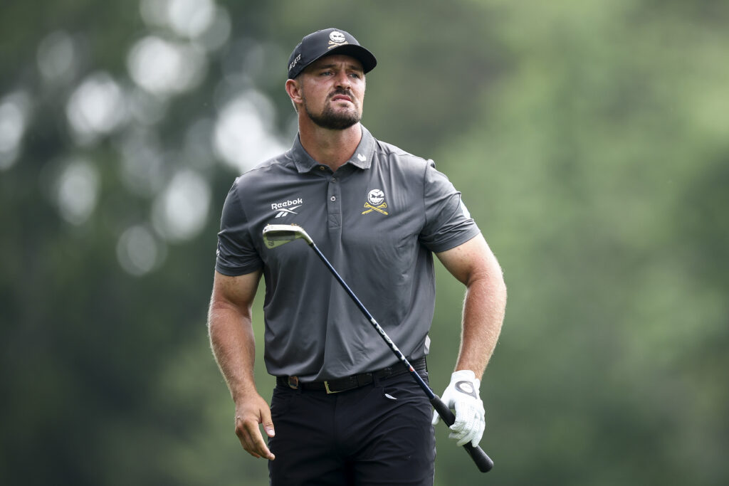 Bryson DeChambeau looks on after hitting a shot at the 2025 PGA Championship at Quail Hollow
