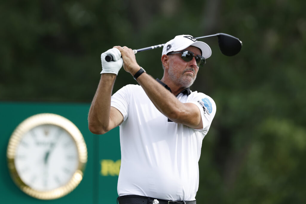 Phil Mickelson plays a tee shot at the 2025 PGA Championship.