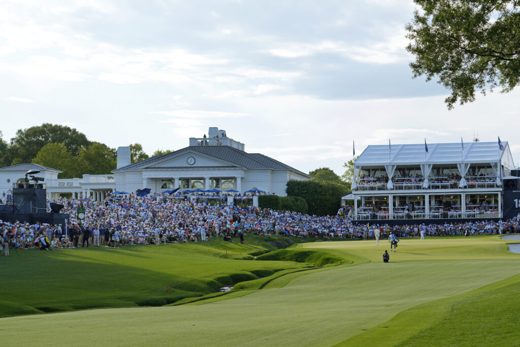 A general view of the 18th hole at Quail Hollow during the 2025 PGA Championship