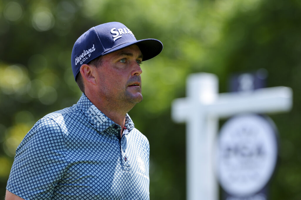 Keegan Bradley of the United States looks on from the third tee during the final round of the PGA Championship