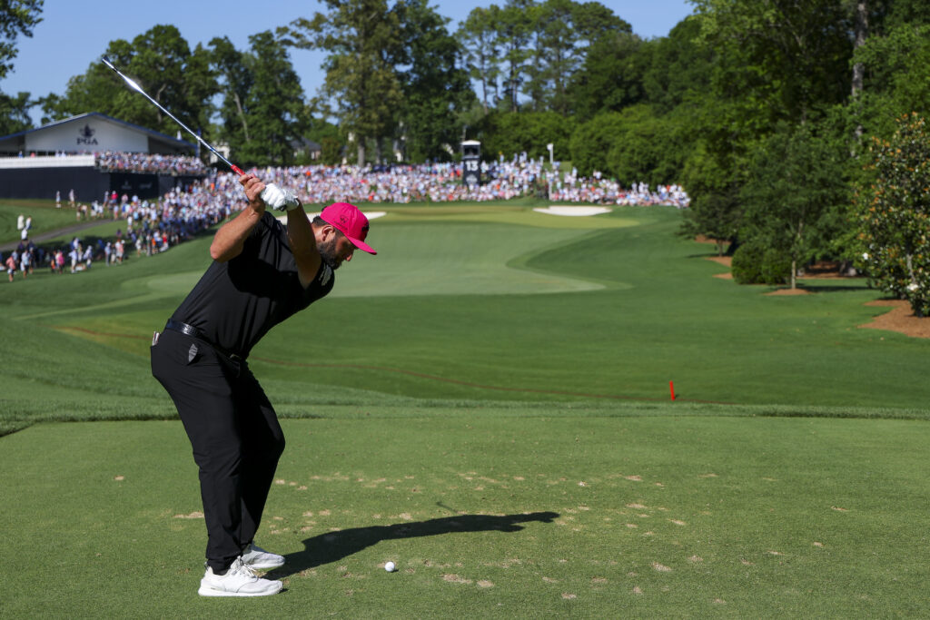 Jon Rahm tees off on the 13th hole during the final round of the 2025 PGA Championship
