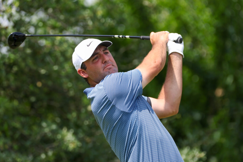 Scottie Scheffler tees off at the Charles Schwab Challenge
