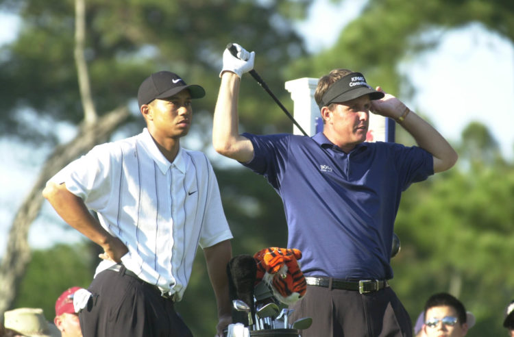 24 March 2001:  Tiger Woods and Phil Mickelson wait to hit at TPC at Sawgrass during the third round of play at The Players Championship in Ponte V...