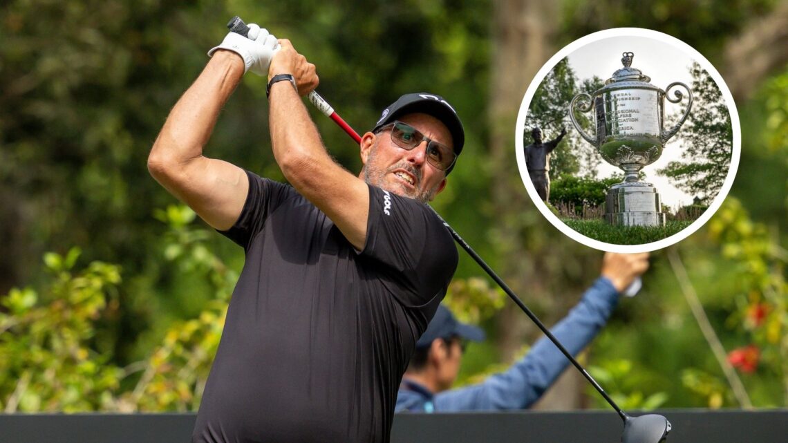 Phil Mickelson in action during LIV Golf Hong Kong on Day Three. The Wanamaker trophy ahead of the 2024 PGA Championship at Valhalla.