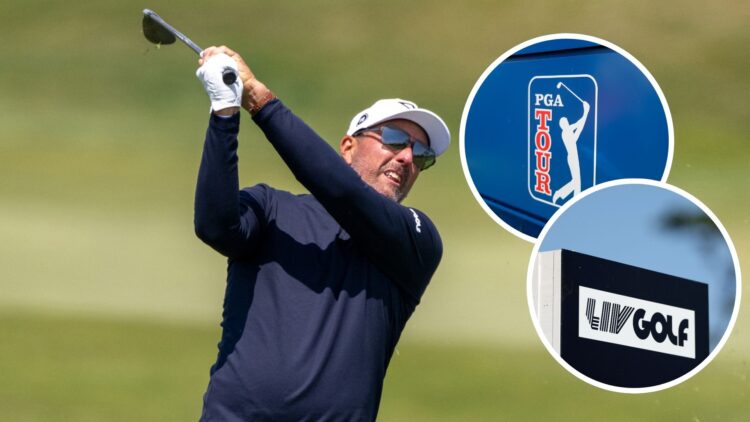 Phil Mickelson in action during LIV Golf Korea - Day One / PGA Tour the Memorial Tournament presented by Workday / LIV Golf Invitational - Houston ...