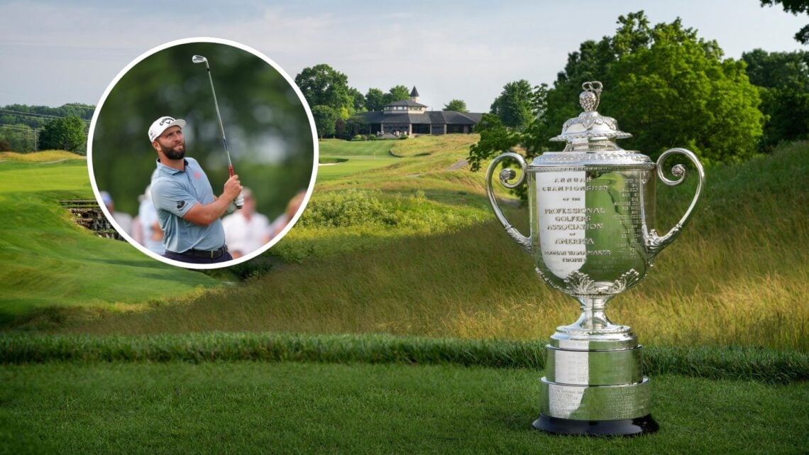The wanamaker trophy pictured ahead of the 2024 PGA Championship / Jon Rahm in action at The 2025 PGA Championship