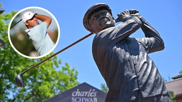 Scottie Scheffler in action at the Charles Schwab Challenge 2025 - Round Two / Ben Hogan statue ahead of round one at the Charles Schwab Challenge