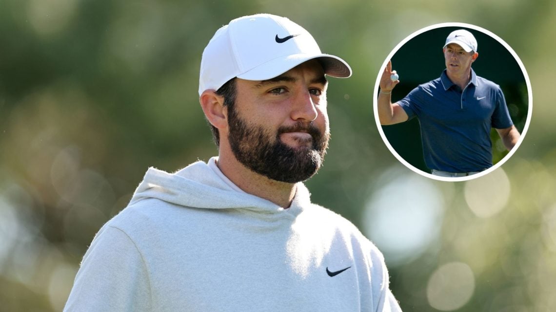 Main image showing Scottie Scheffler during a practice round prior to the 2025 Masters Tournament at Augusta National Golf Club and inset of Rory M...