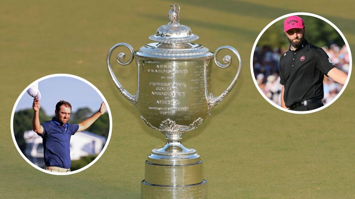 The Wanamaker trophy pictured at the 2025 PGA Championship after the final Round / Scottie Scheffler celebrates after winning the 2025 PGA Champion...
