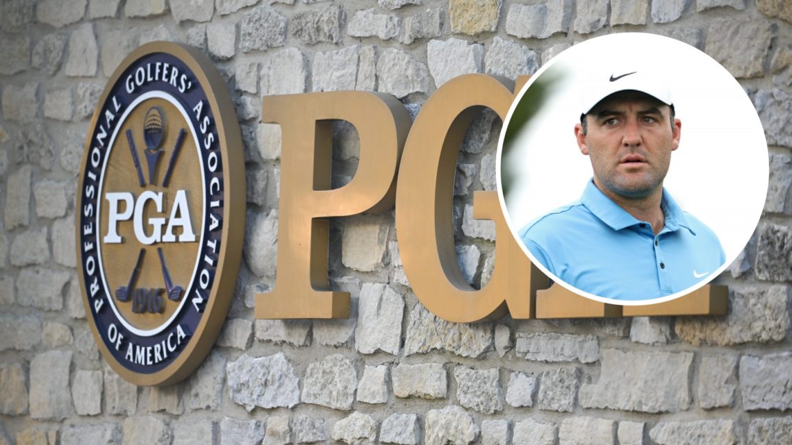 An image of the PGA of American logo and inset of Scottie Scheffler at the CJ Cup Byron Nelson