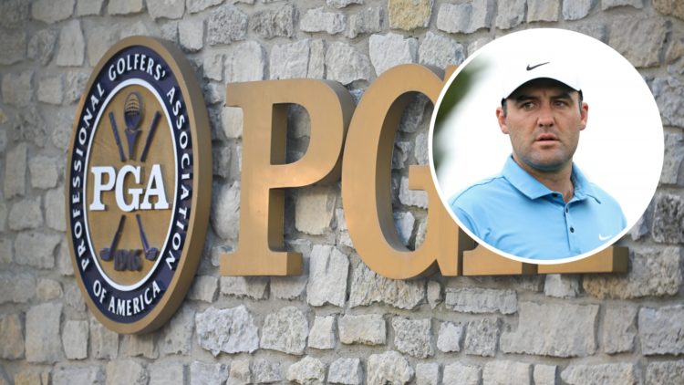 An image of the PGA of American logo and inset of Scottie Scheffler at the CJ Cup Byron Nelson