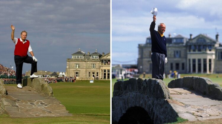 Jack Nicklaus and Arnold Palmer standing on the Swilcan Bridge at St Andrews