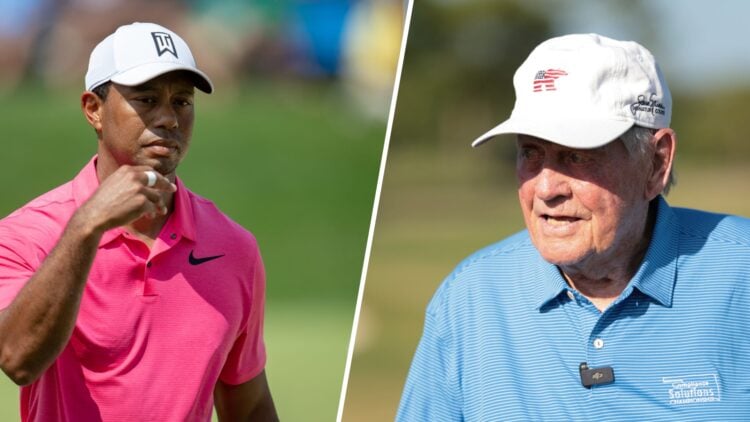 A split image of Tiger Woods at the Memorial Tournament and Jack Nicklaus in 2025