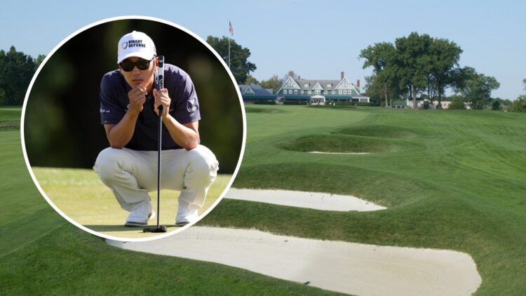An image of Oakmont Country Club with an inset of Michael Kim eyeing up a putt in 2025