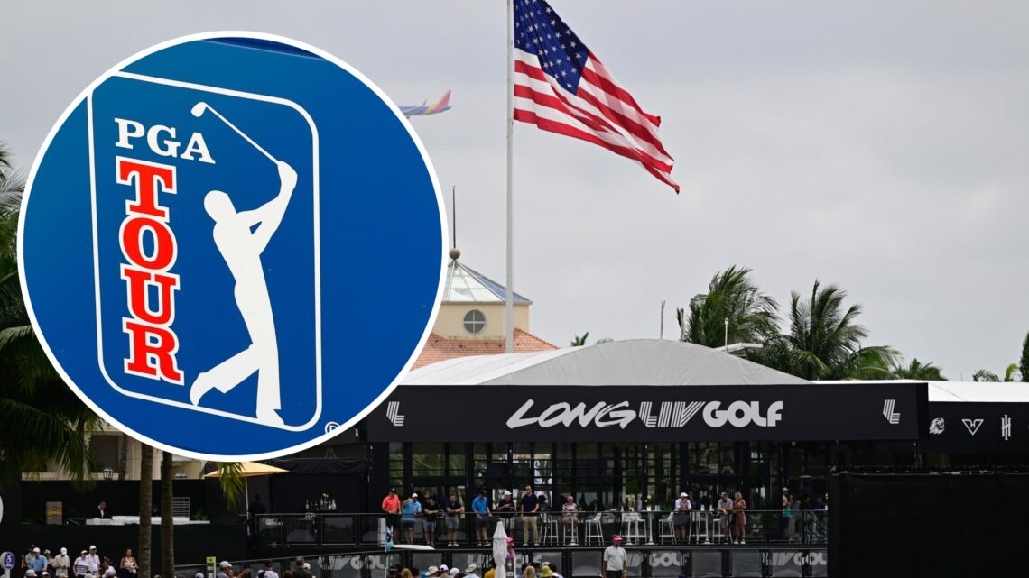 An image of LIV Golf Miami in 2025 with an overlay of the PGA Tour logo
