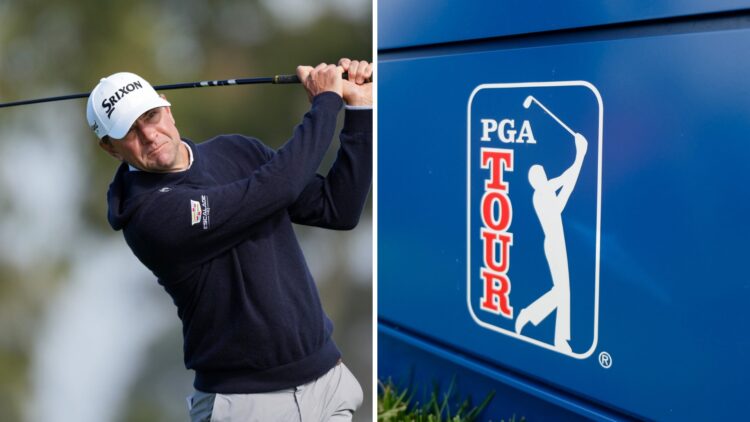 Lucas Glover in action at The Genesis Invitational 2025 - Round Two / PGA Tour logo at the Memorial Tournament presented by Workday