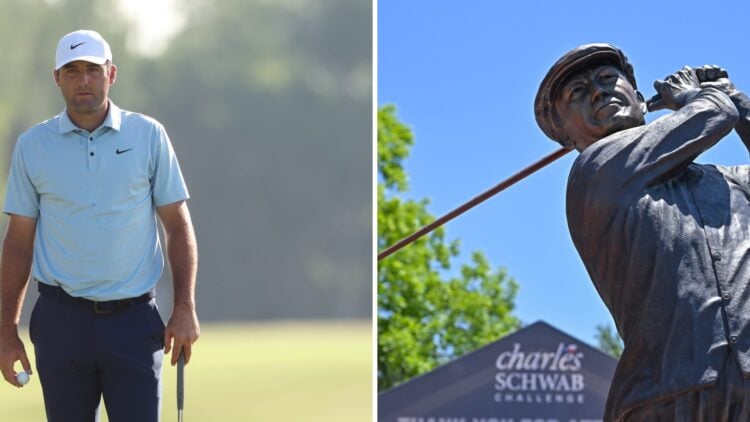 Scottie Scheffler in action at the Charles Schwab Challenge 2025 - Round Two / Ben Hogan statue shown ahead of the Charles Schwab Challenge