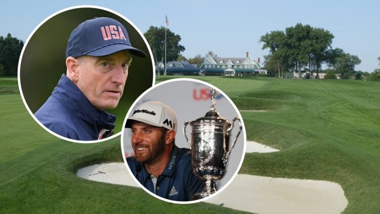 An image of Oakmont Country Club with insets of Jim Furyk at the presidents cup and Dustin Johnson at the 2016 US Open