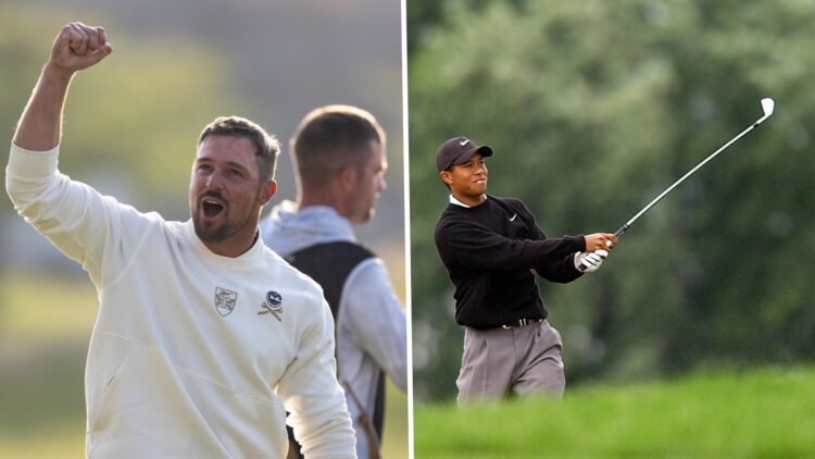 Split image of Bryson DeChambeau and Tiger Woods