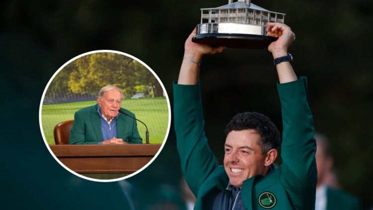 Rory McIlroy celebrates winning The Masters, with an inset of Jack Nicklaus