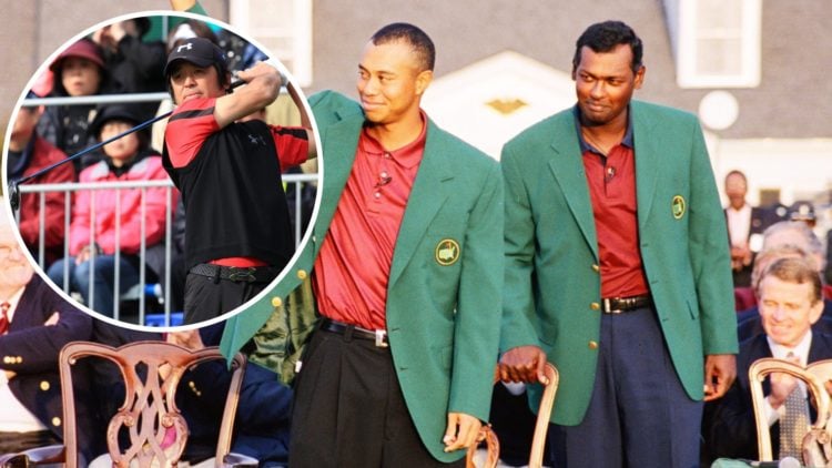 An image of Tiger Woods getting his green jacket in the 2001 Masters with inset of Japanese golfer Toshi Izawa