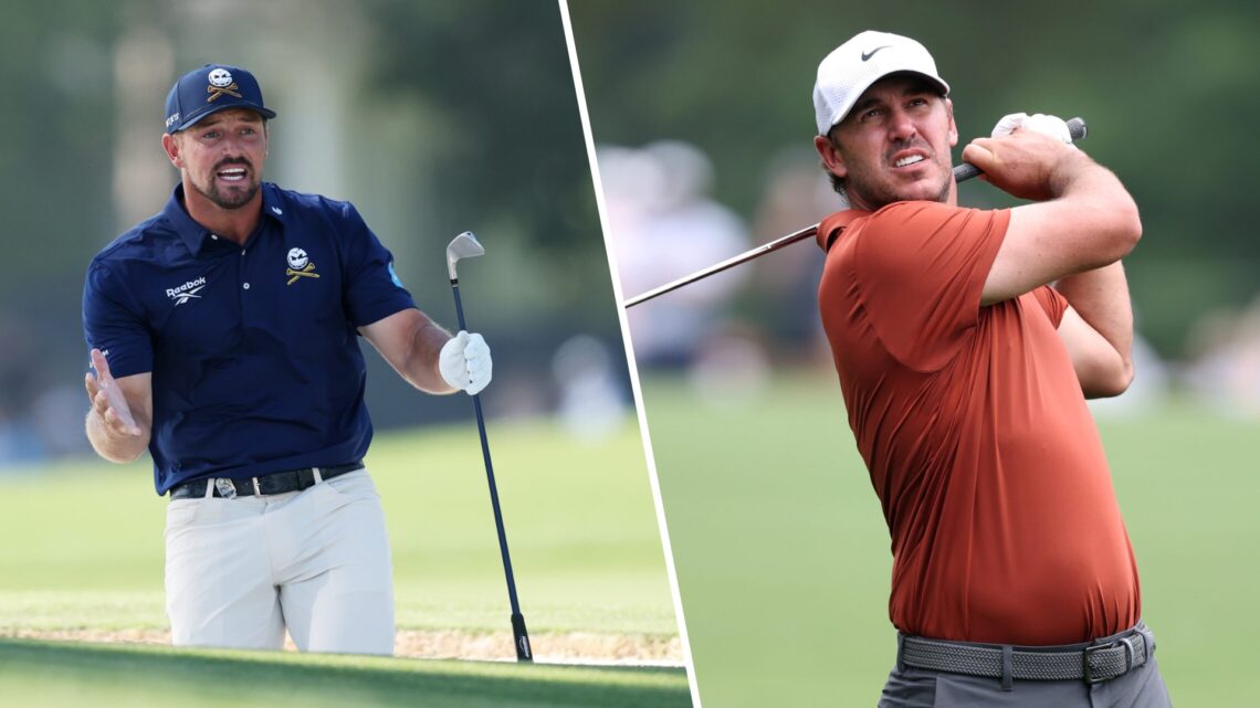 A split image of Bryson DeChambeau at the PGA Championship and Brooks Koepka at the PGA Championship in 2025