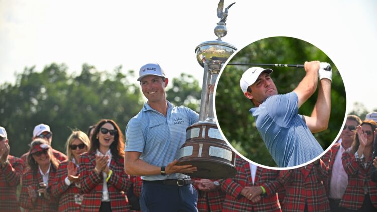 Ben Griffin lifts the Charles Schwab Challenge trophy, inset of Scottie Scheffler